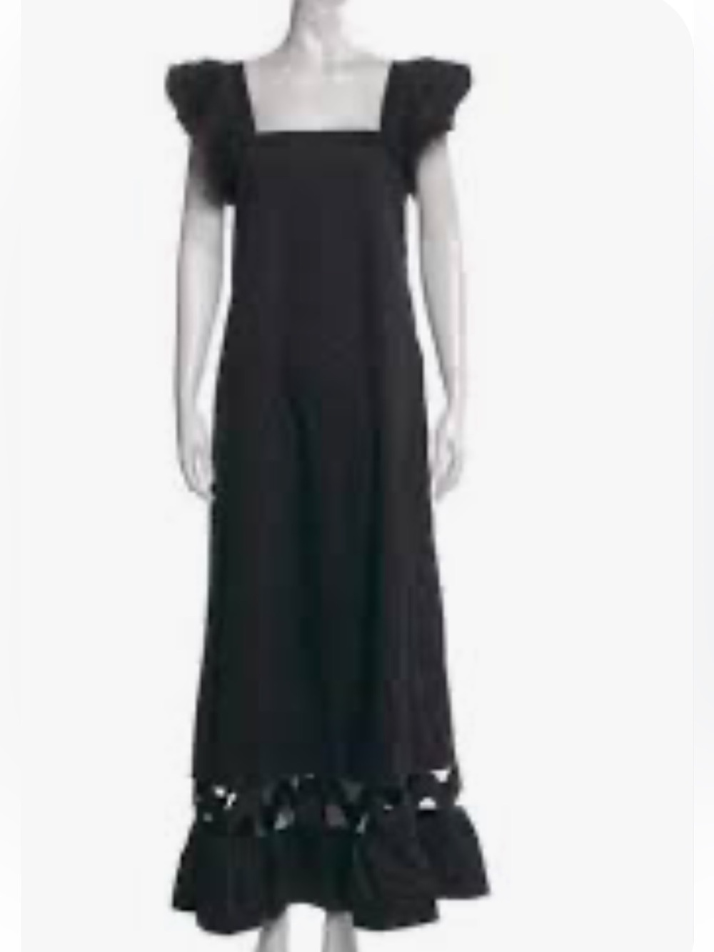 Adriana Degras Black Maxi Dress with Cutout Hem and Ruffled Shoulders